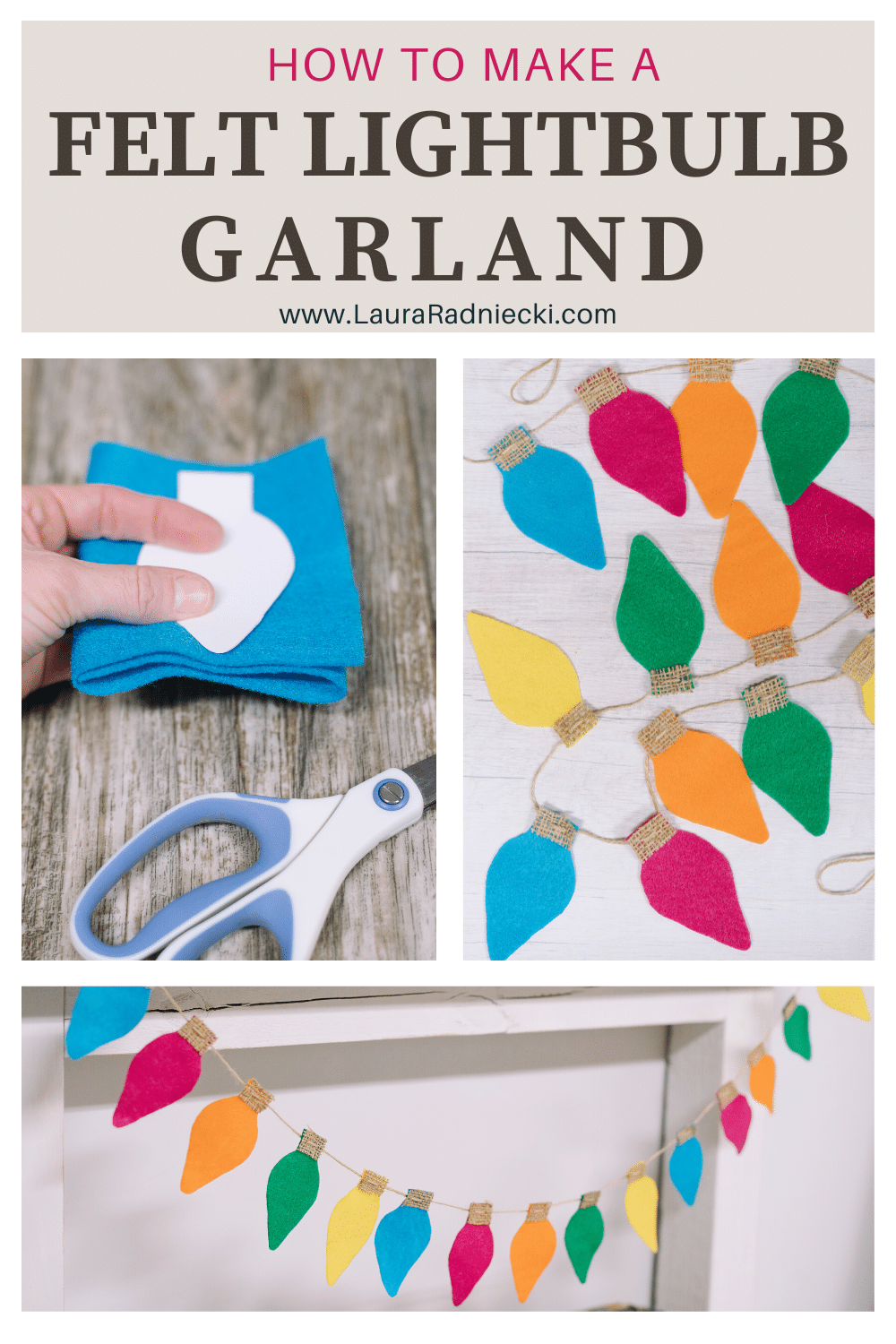 how to make a DIY felt lightbulb garland for Christmas with felt, burlap, twine, and hot glue