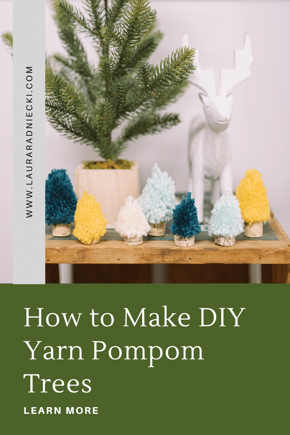 how to make DIY yarn pom pom trees for christmas with yarn, wine corks, and hot glue