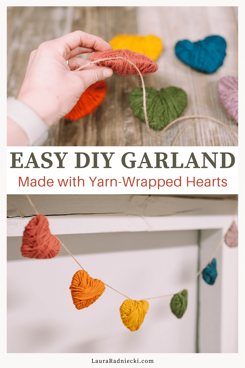 Easy DIY Garland made with Yarn-wrapped hearts