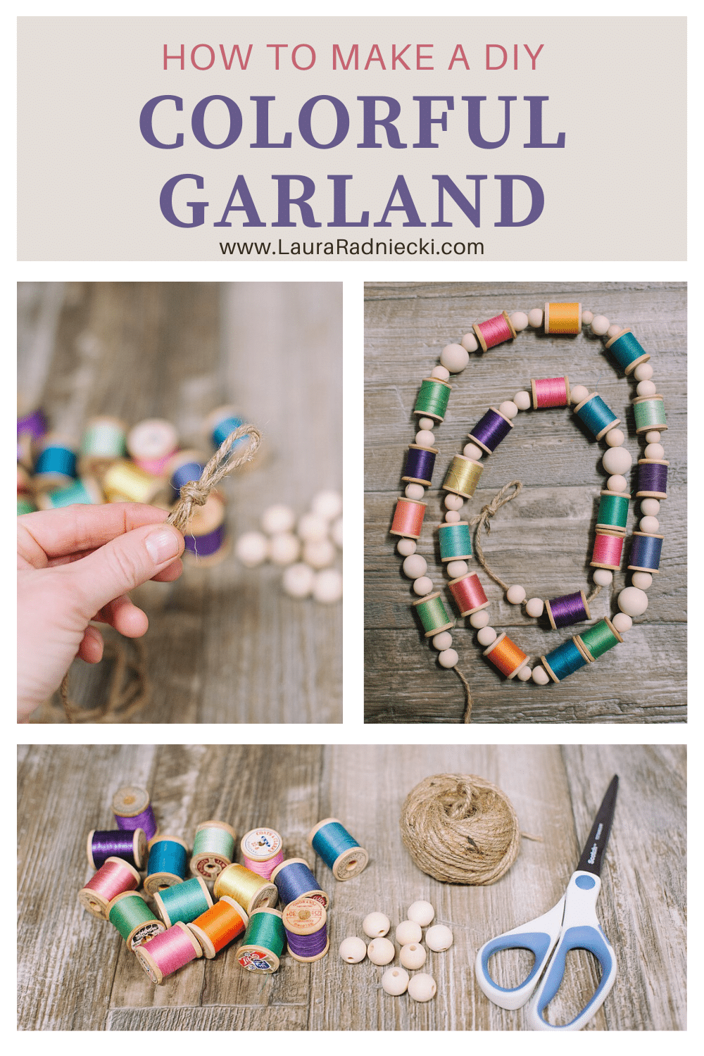How to Make a DIY Colorful Garland using Wood Beads and Vintage Wooden Thread Spools