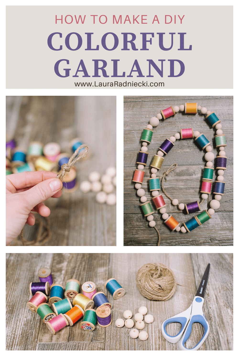 DIY Colorful Garland with Spools of Thread and Wooden Beads