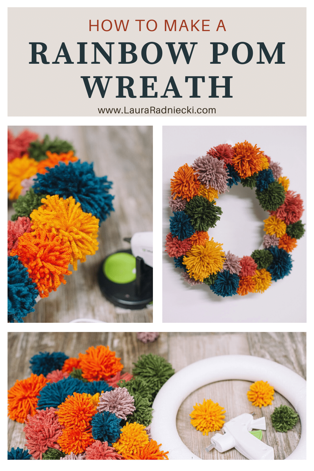 How to Make a DIY Rainbow Pompom Wreath with Rainbow Yarn