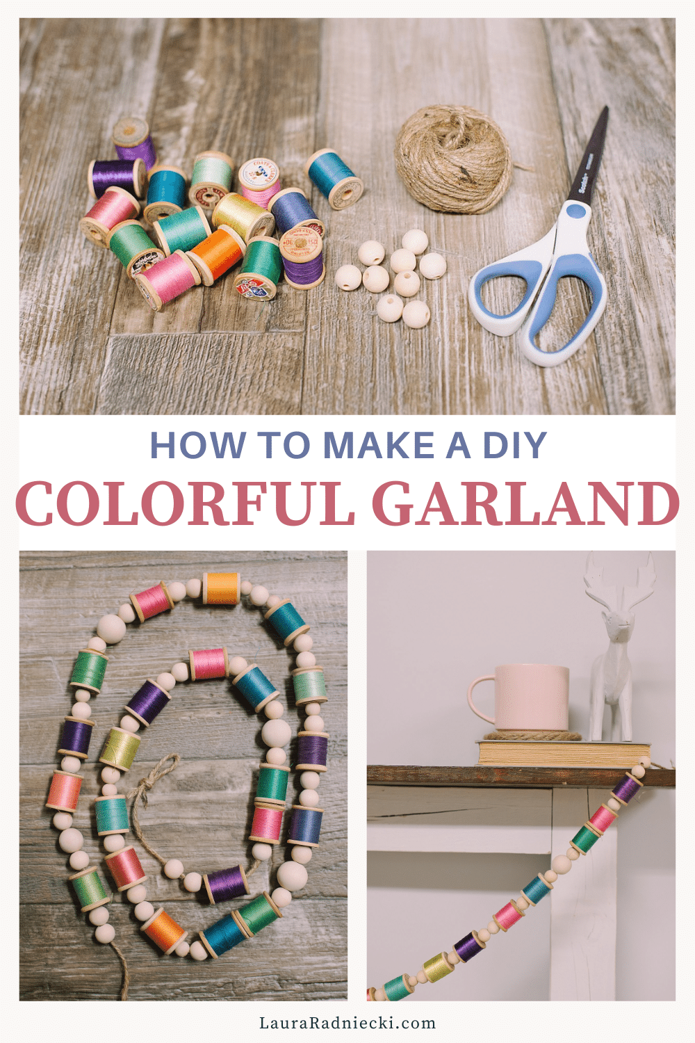 DIY Colorful Garland with Spools of Thread and Wooden Beads