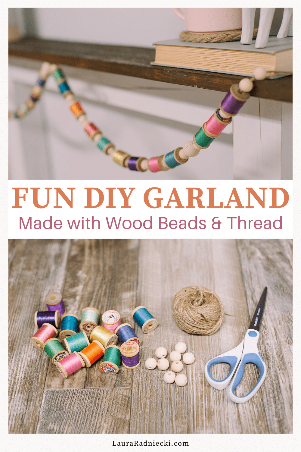 DIY Colorful Garland with Spools of Thread and Wooden Beads