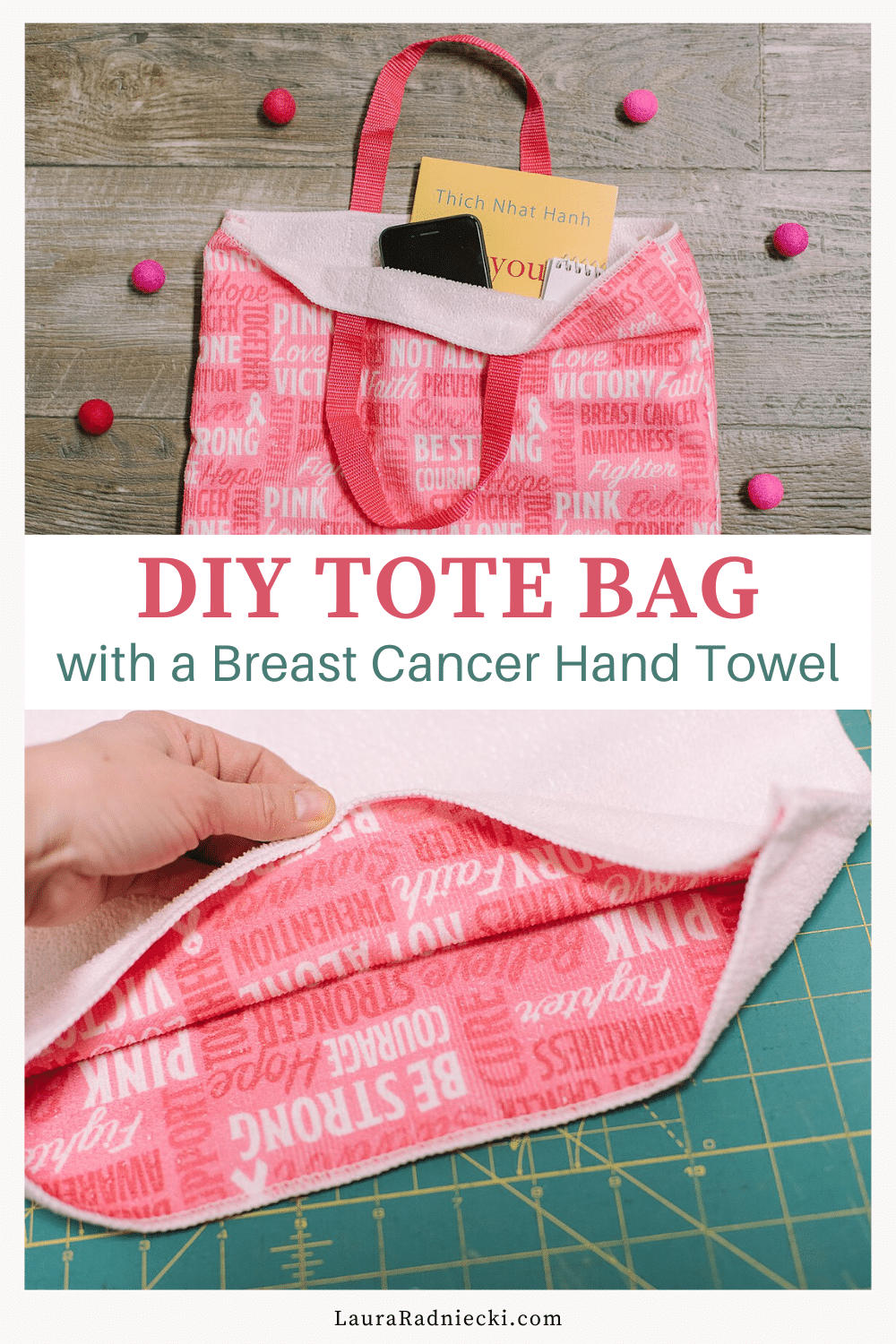 DIY Breast Cancer Hand Towel Tote Bag