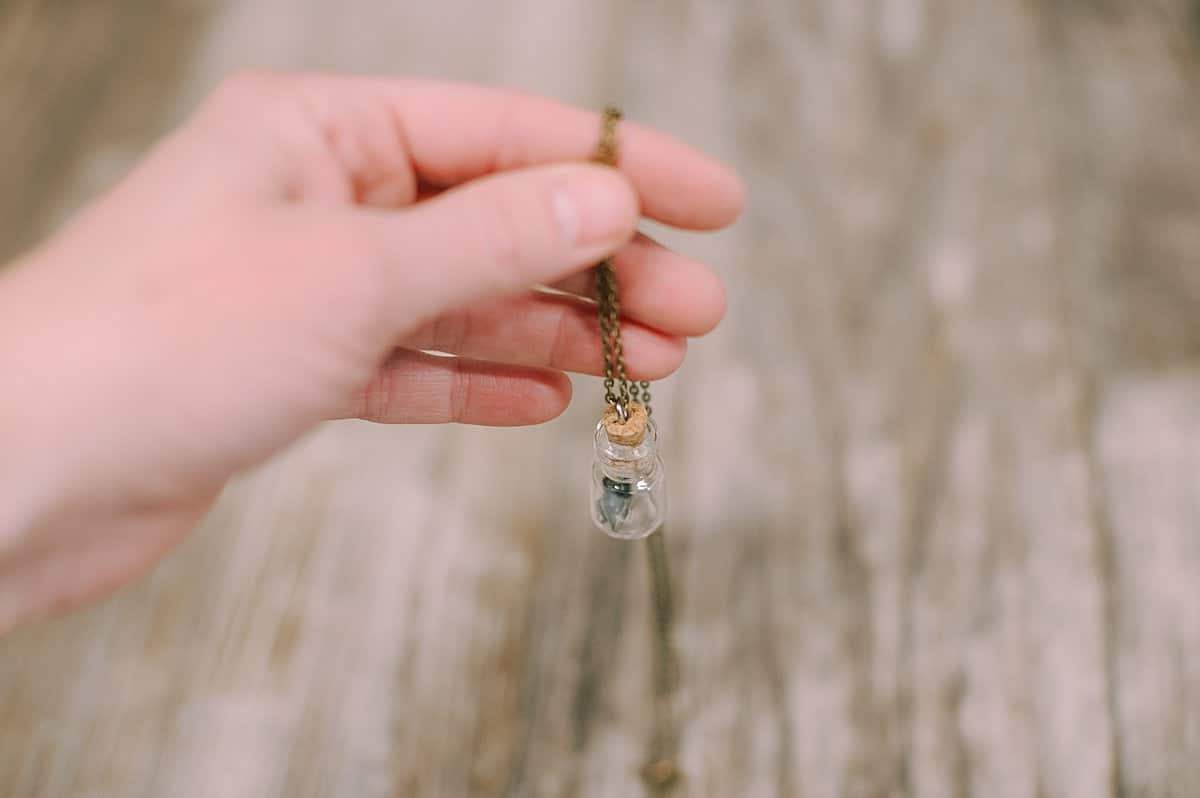 small glass jar with sharks teeth inside, made into a necklace