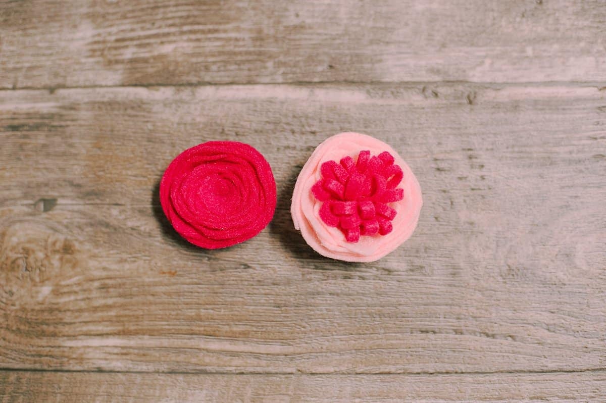 Two different variations of felt roses.