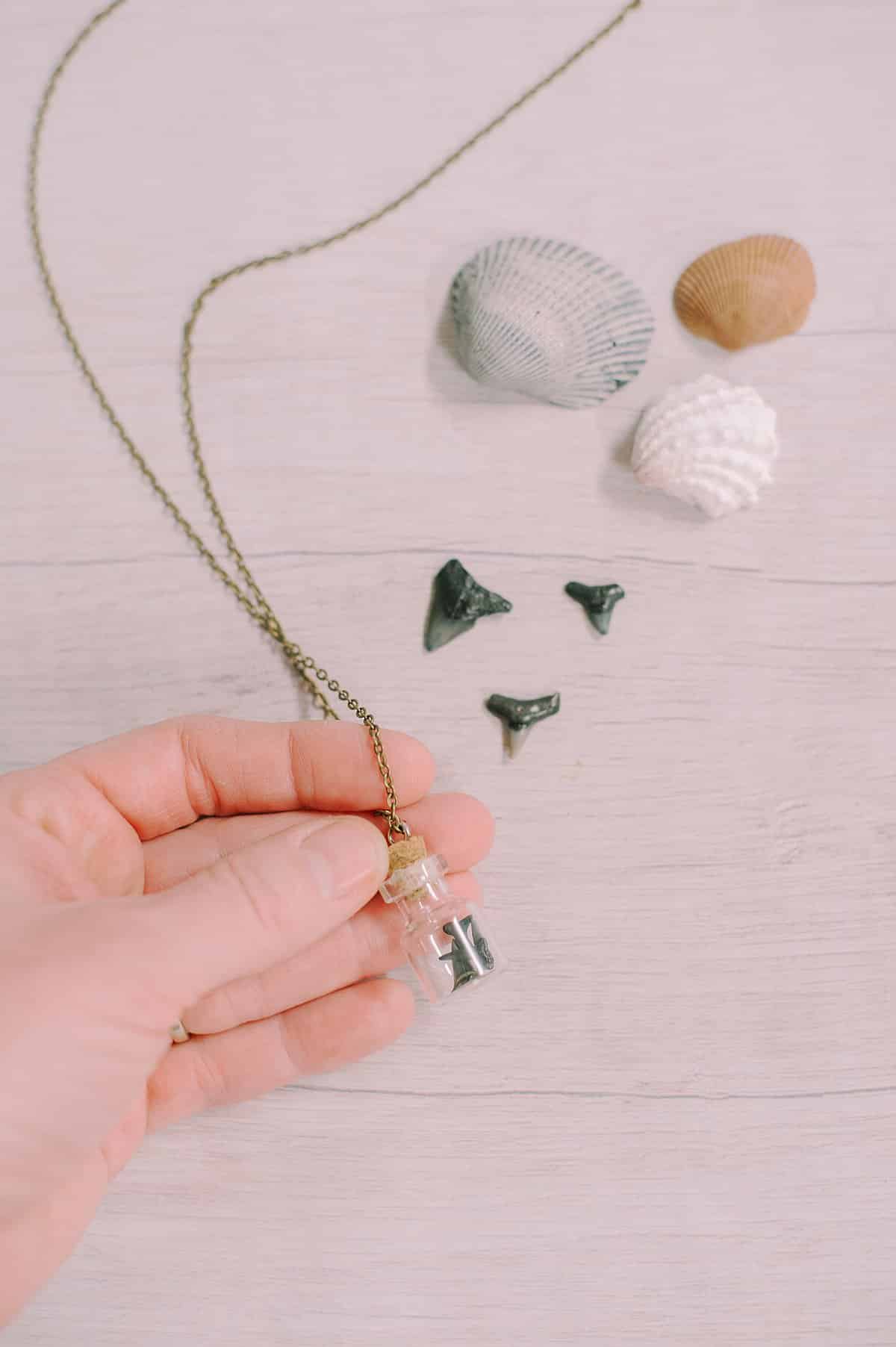 sharks teeth with glass jar as a necklace