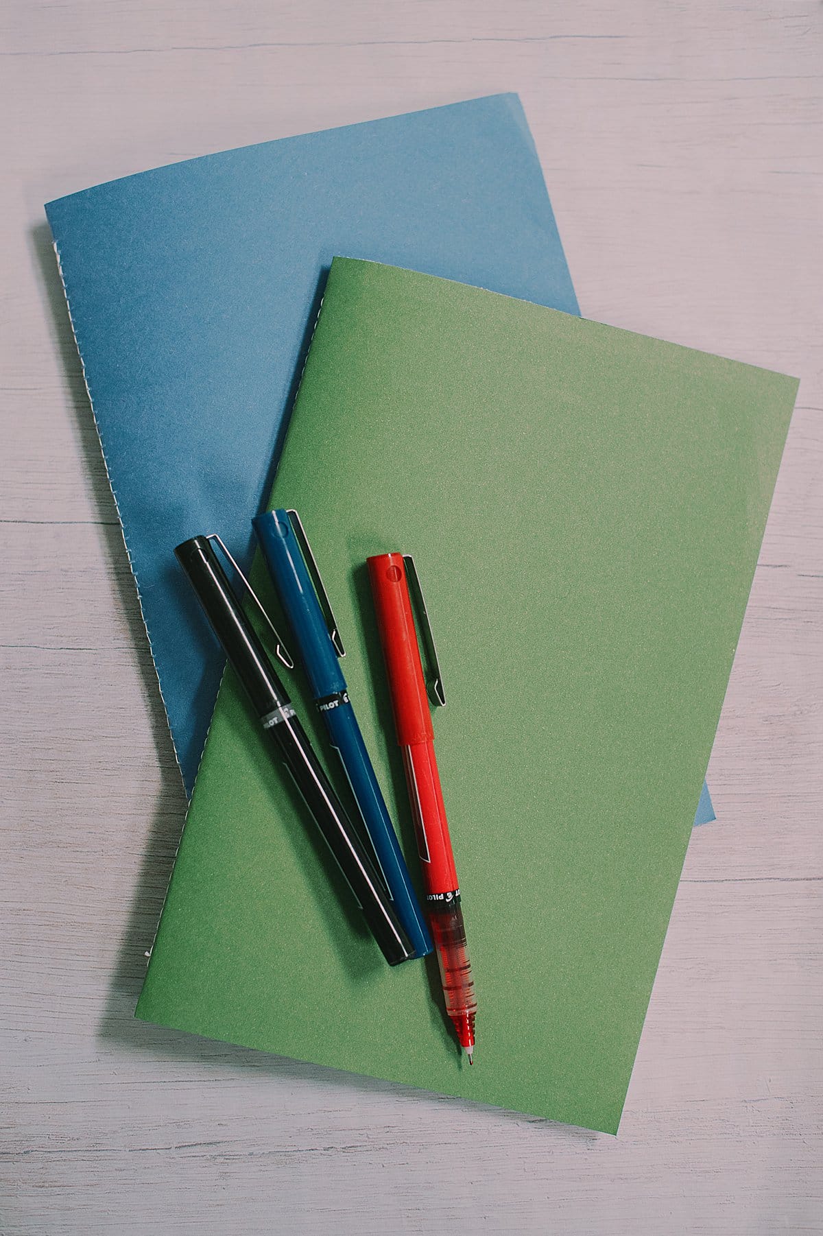 Two handmade books laying on a white background, with pens next to them.