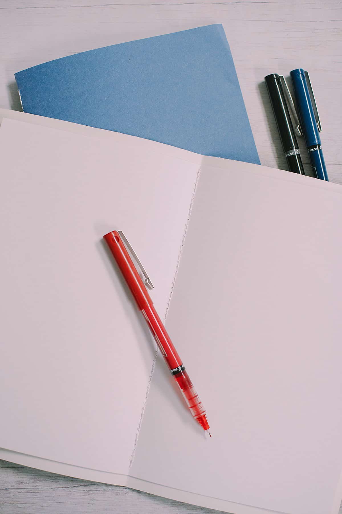 White pages inside a handmade paper book, with a red pen laying on the open book.