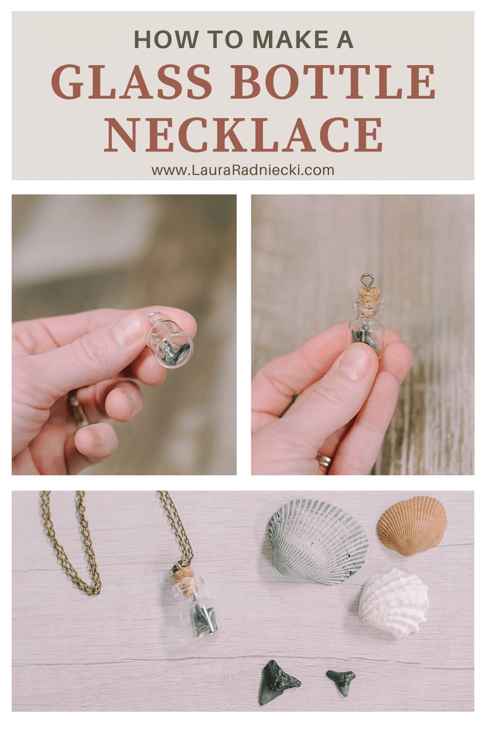 How to Make a Mini Glass Bottle Necklace with Shark Teeth inside | Keepsake Jewelry, DIY Glass Bottle Necklace to put treasures or keepsakes inside