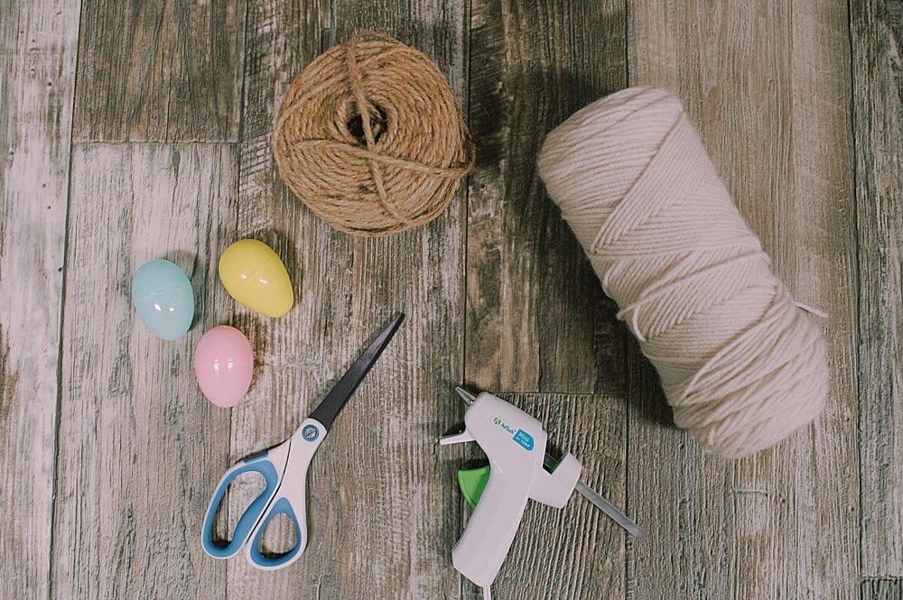 supplies for making yarn acorns out of plastic easter eggs