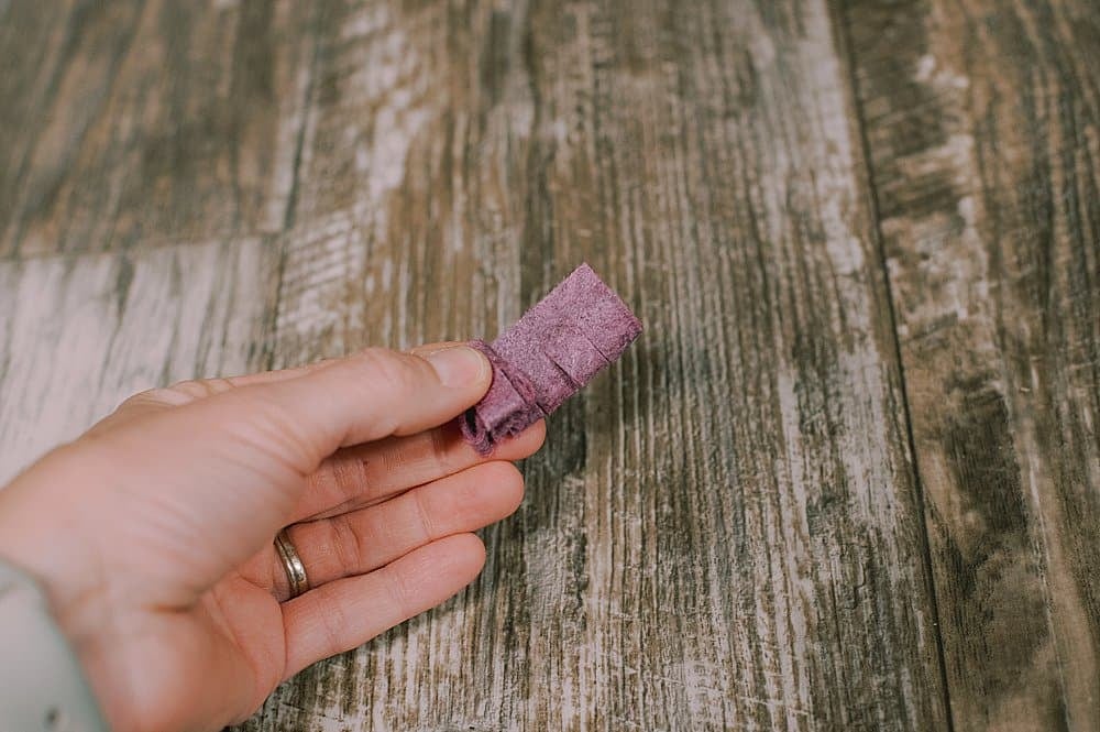 Purple felt with fringe cut into the bottom being rolled up into a flower.