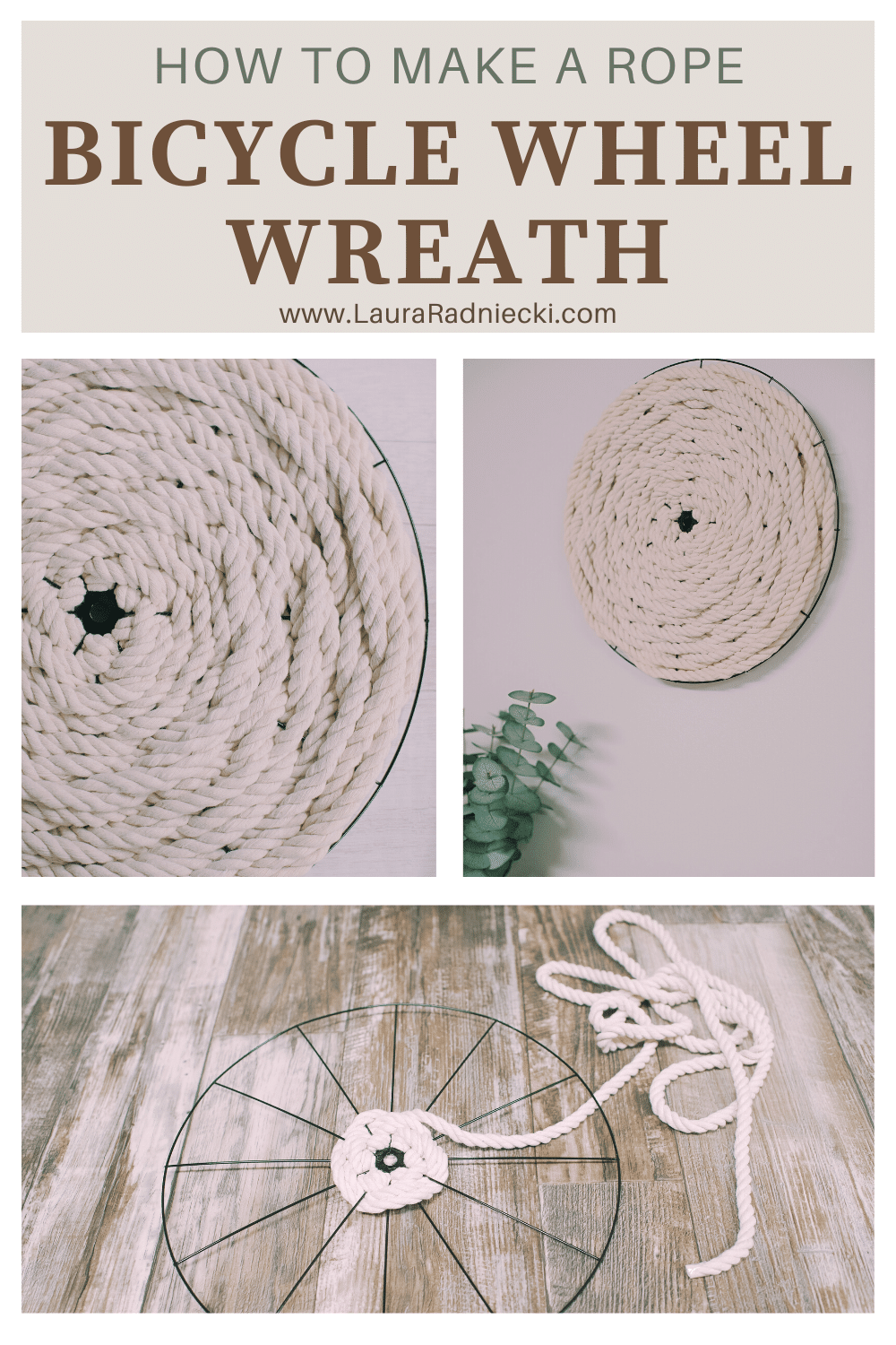 How to make a rope bicycle wheel wreath using cotton rope from the Dollar Tree.