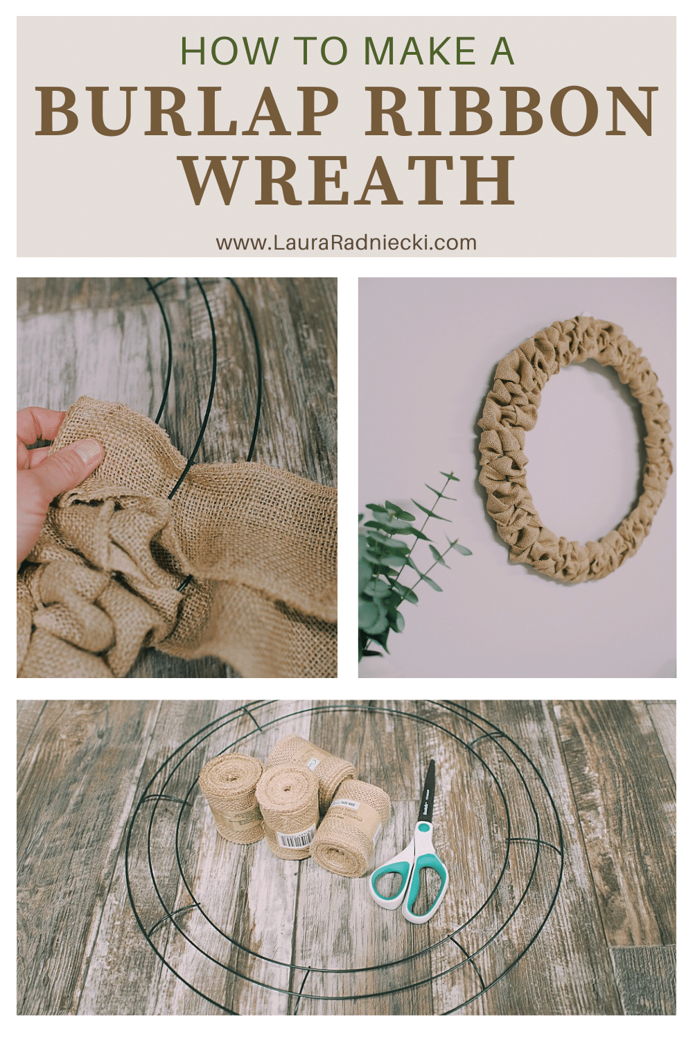 How to make a burlap ribbon wreath using a wire wreath form and burlap ribbon.