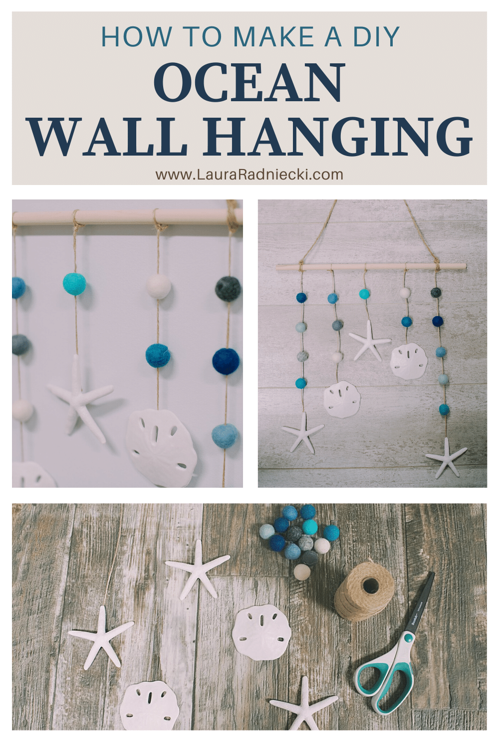 How to make a DIY ocean wall hanging using felt balls, faux sand dollars and starfish, twine, and a wooden dowel.