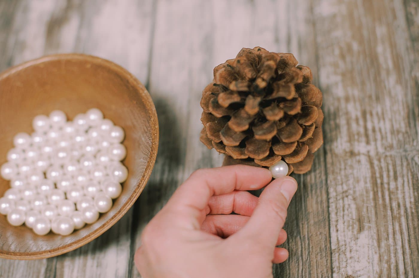 Hot glue pearls to the ends of the pine cone.