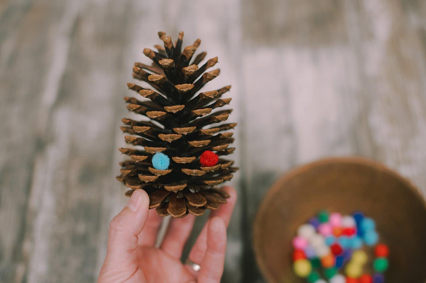 Hot glue pompoms to the ends of the pinecone.