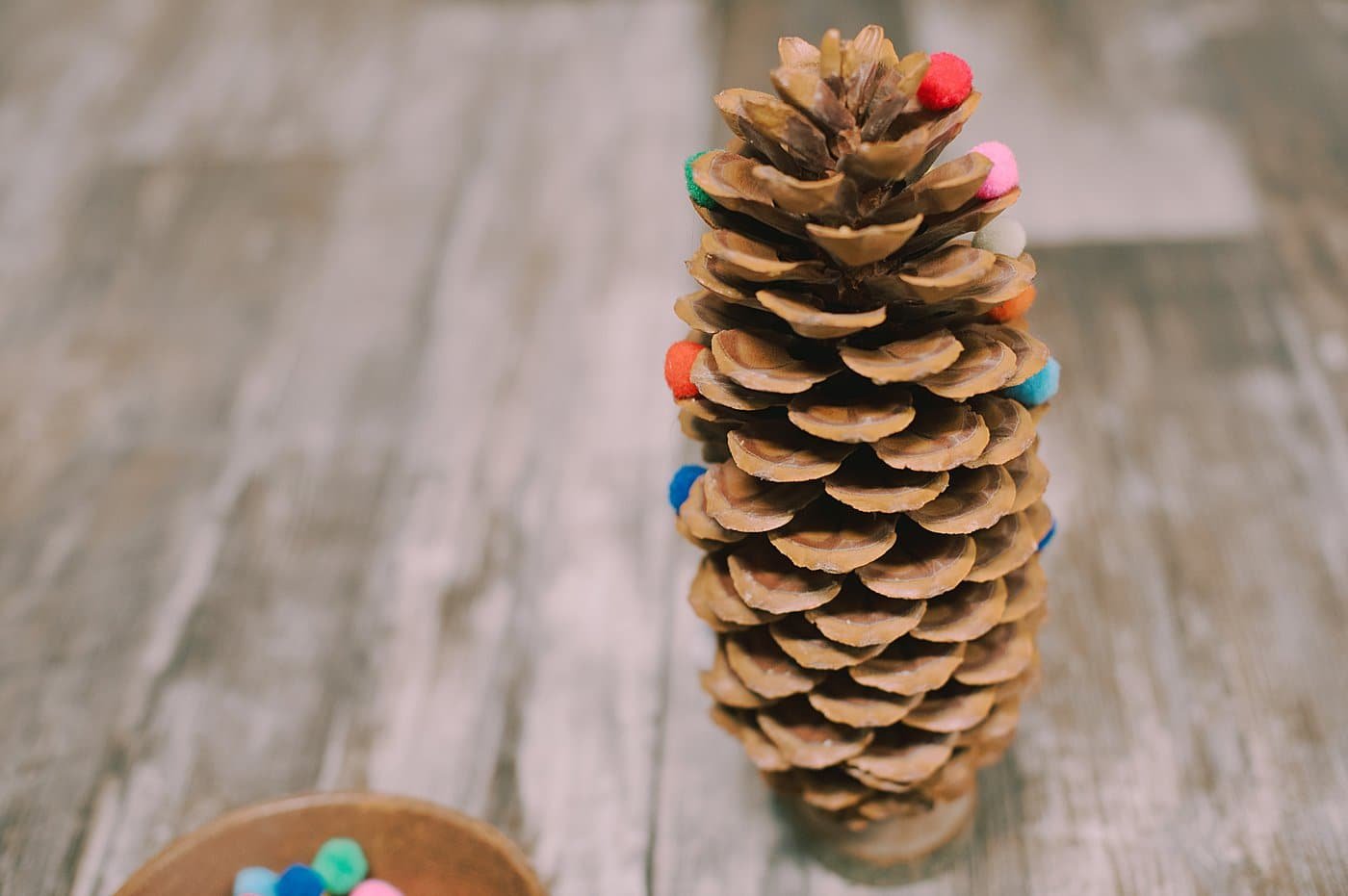 Turn the pine cone and add pom poms to the other sides.