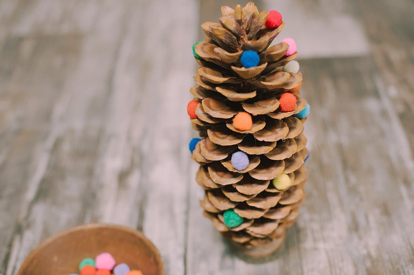 Turn the pine cone and add pom poms to the other sides.