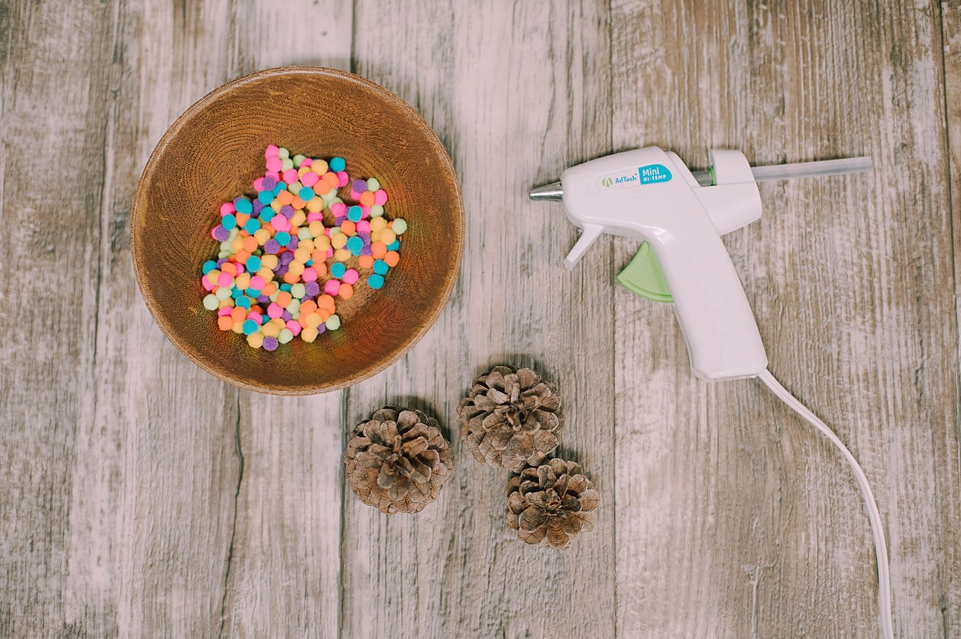 Supplies for How to Make Mini Pompom Pinecone Trees.