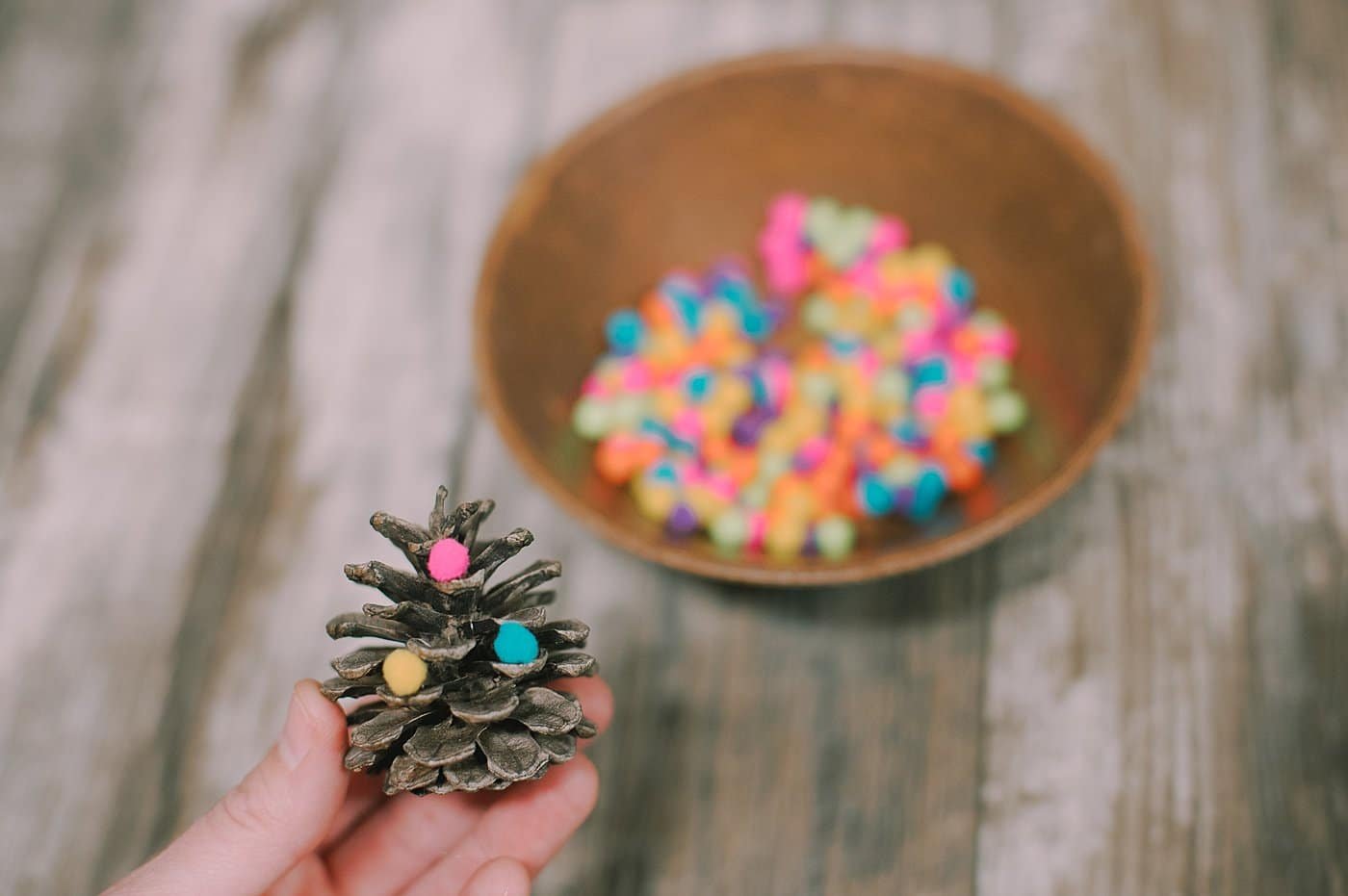 Hot glue pom poms onto the ends of the mini pinecone.