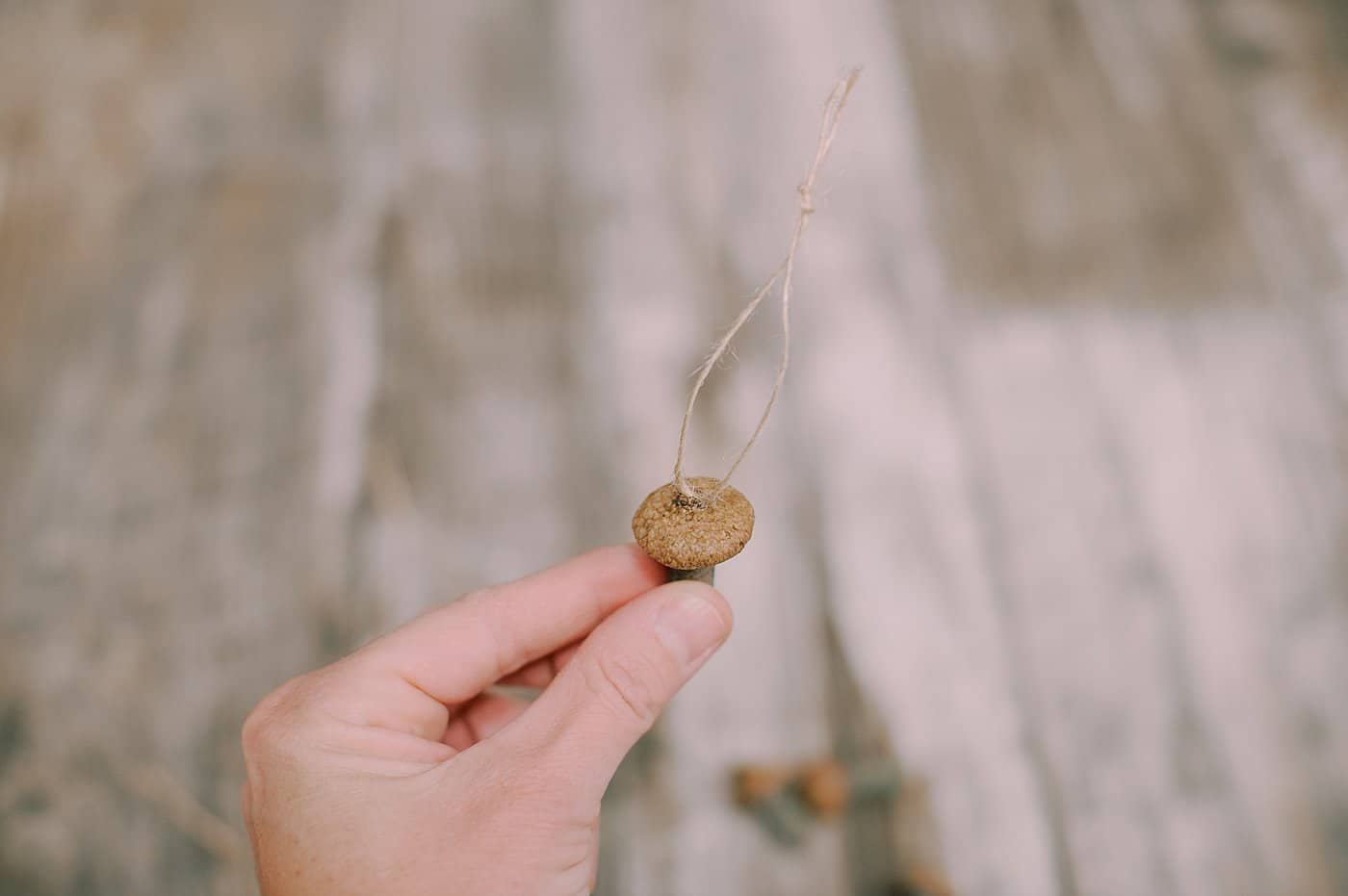 Hot glue twine to the acorn cap as a hanging string for the tiny mushroom ornaments.