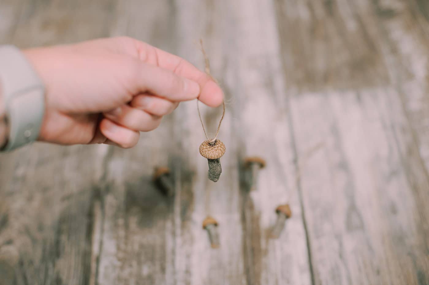 An acorn cap mushroom ornament with a stick stem and a twine hanging string.