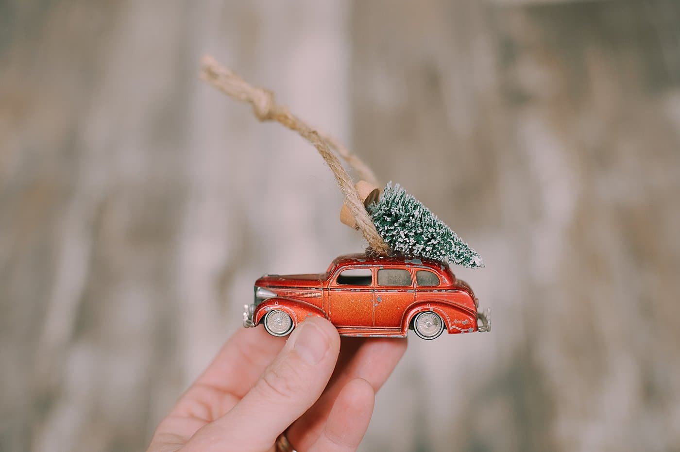 matchbox car ornament with bottle brush tree for Christmas tree