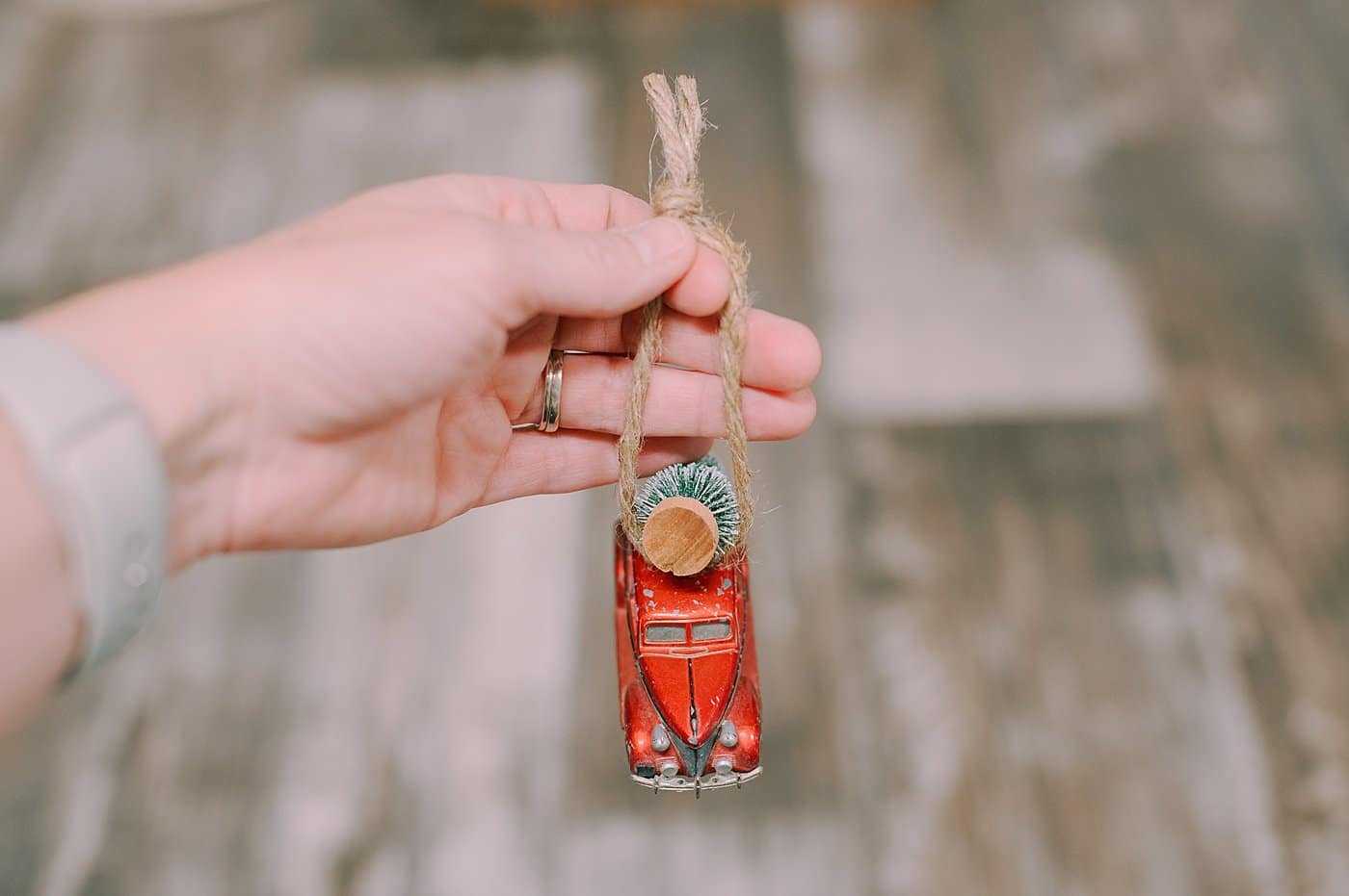 matchbox car ornament with bottle brush tree for Christmas tree