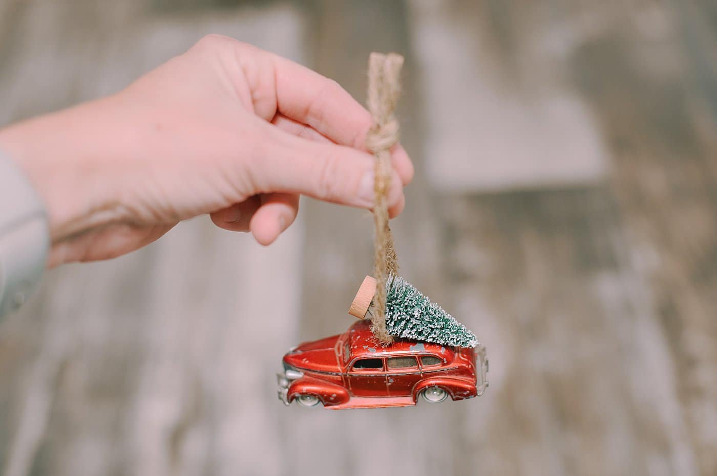 matchbox car ornament with bottle brush tree for Christmas tree