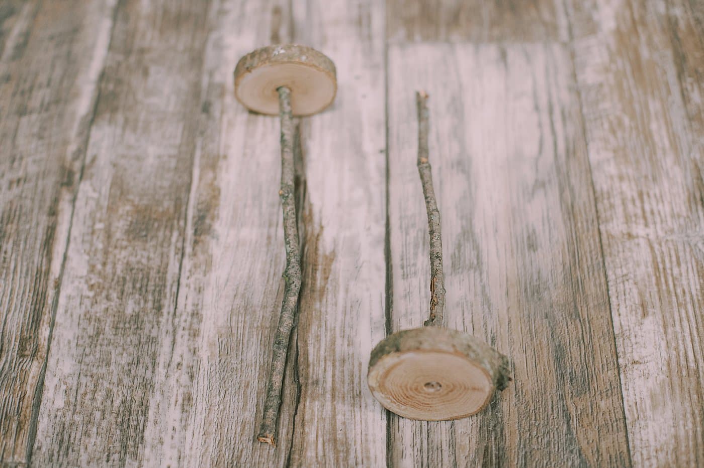 hot glue sticks into the holes drilled into the wood slice bases