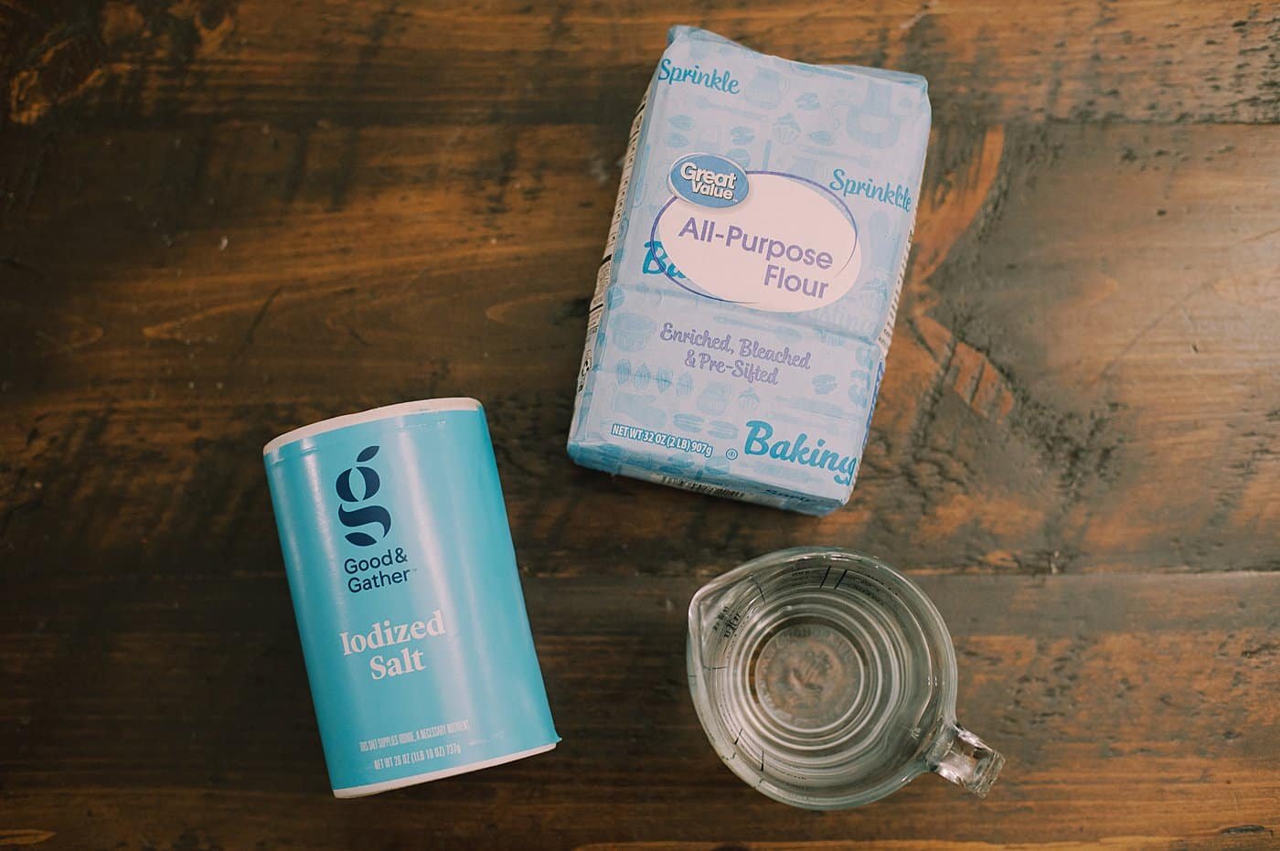 The ingredients needed to make salt dough - flour, salt, and water.
