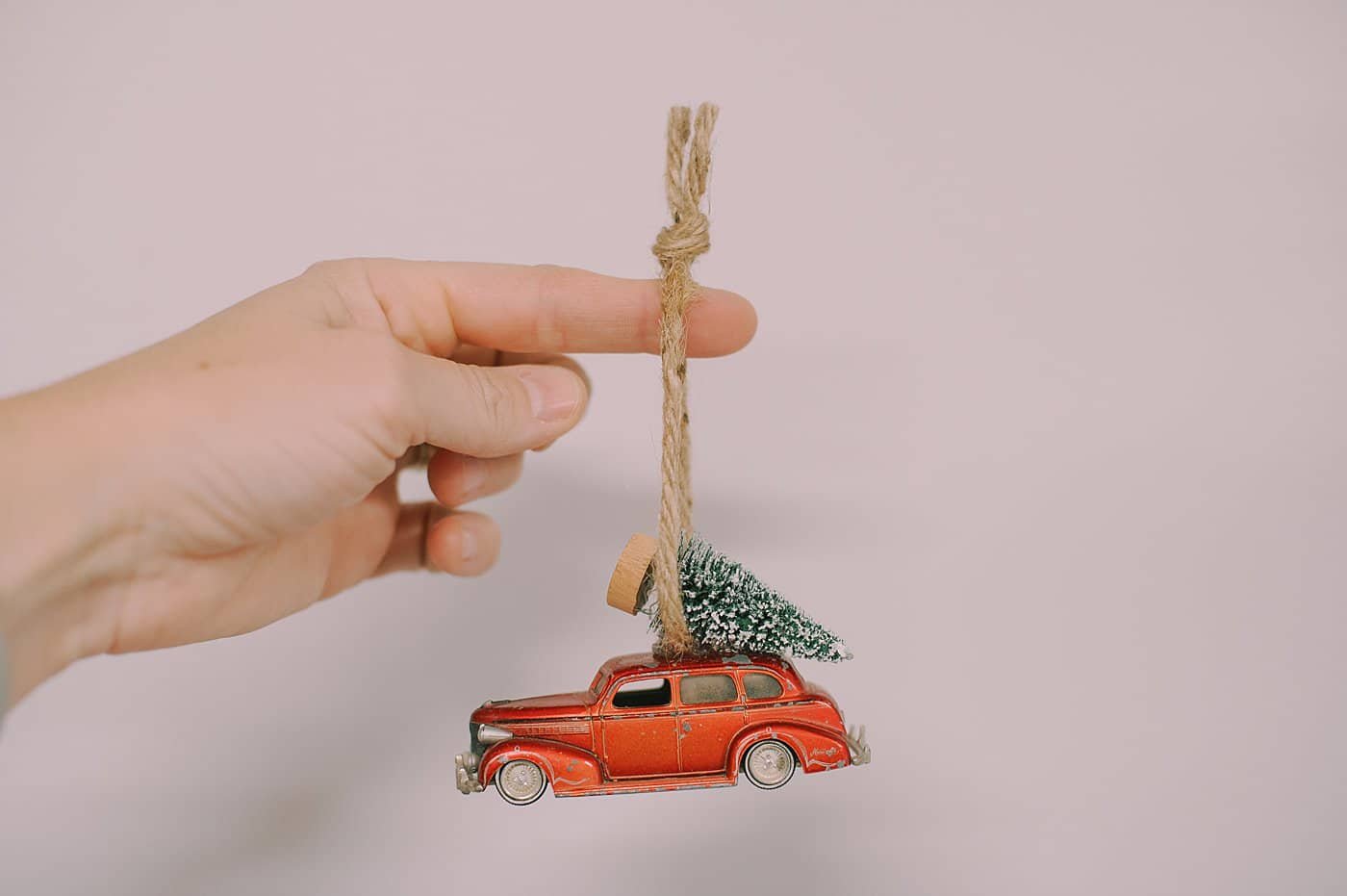 matchbox car ornament with bottle brush tree for Christmas tree