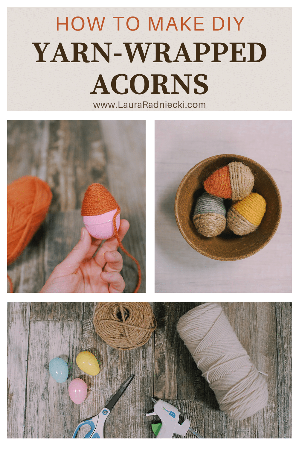 How to make DIY yarn-wrapped acorns made from plastic easter eggs