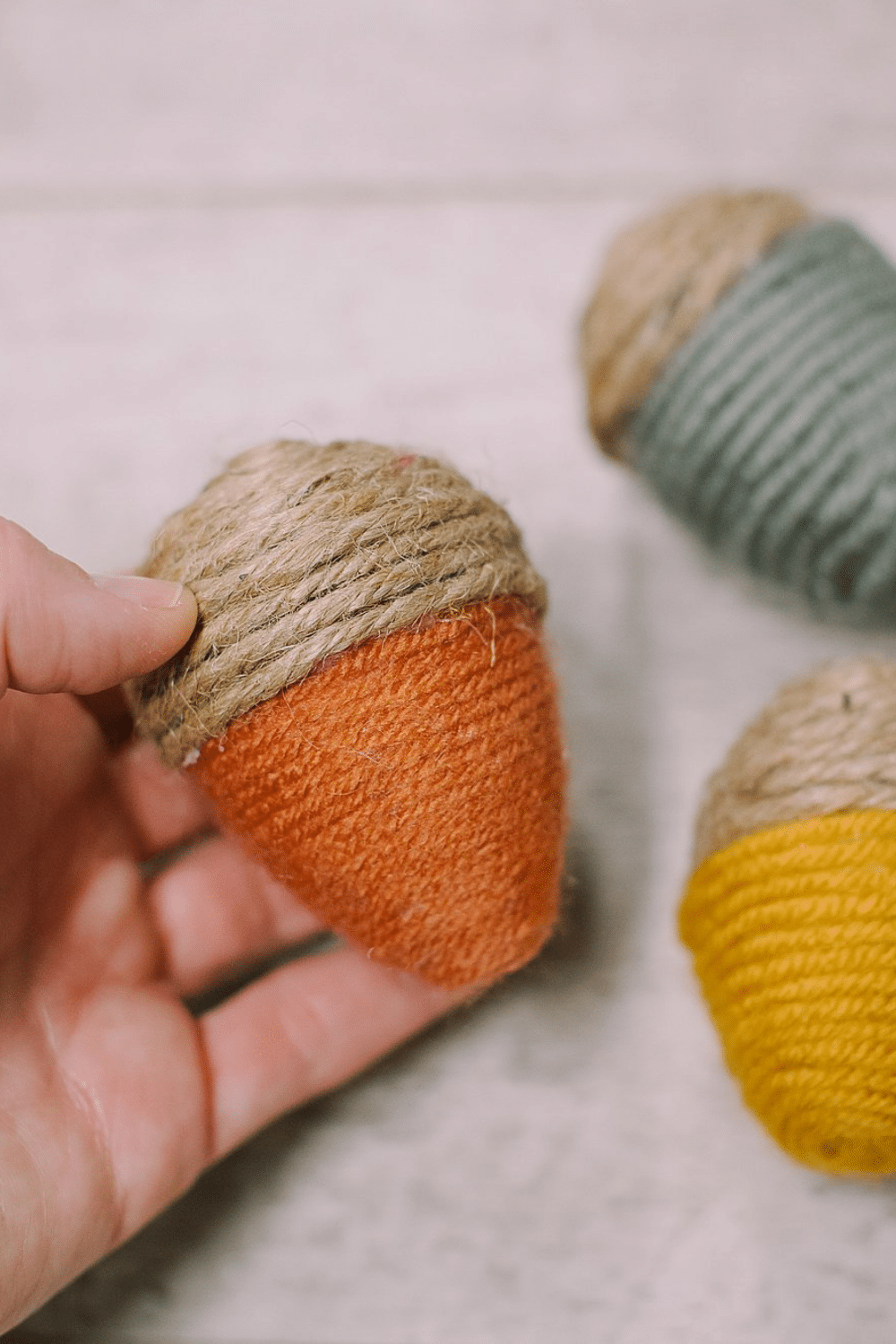 DIY Fall Acorns using Yarn-Wrapped Plastic Easter Eggs