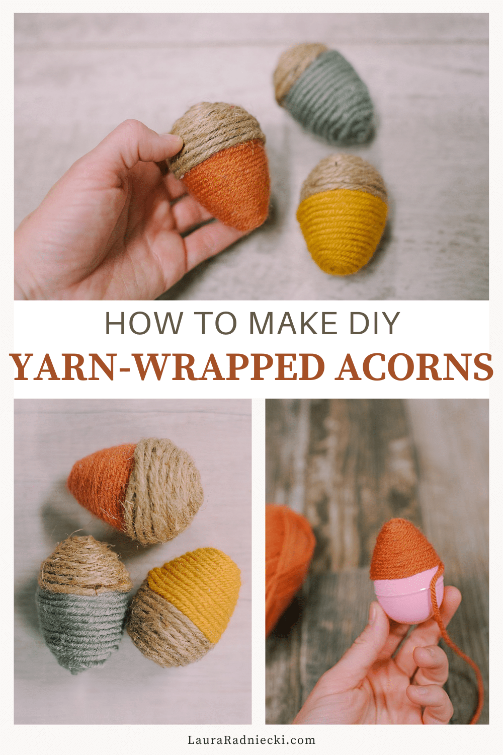 DIY Fall Acorns using Yarn-Wrapped Plastic Easter Eggs