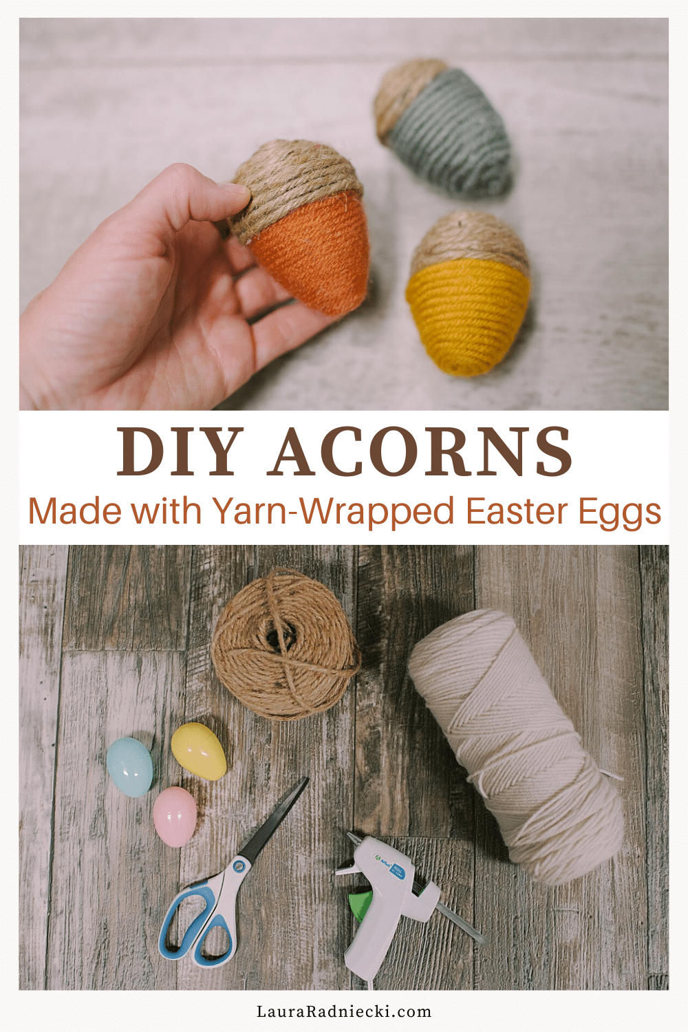 DIY Fall Acorns using Yarn-Wrapped Plastic Easter Eggs