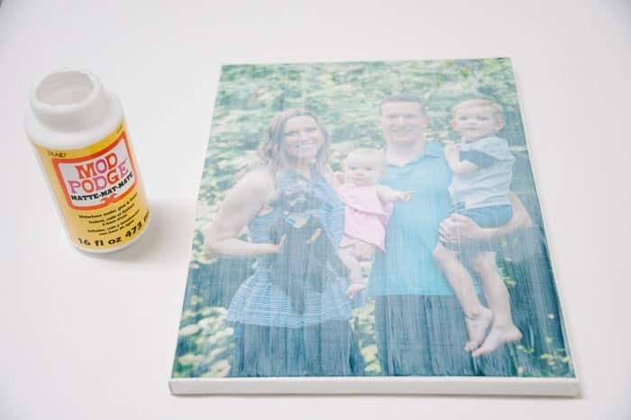 A handmade photo canvas with vertical brush strokes of Mod Podge on the front.
